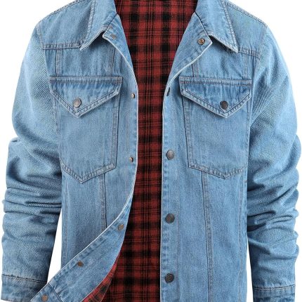 Mens Flannel Lined Denim Jacket Snap Cowboy Cut Western Classic Slim Fit Vintage Heavy Duty Jacket Trucker Coat